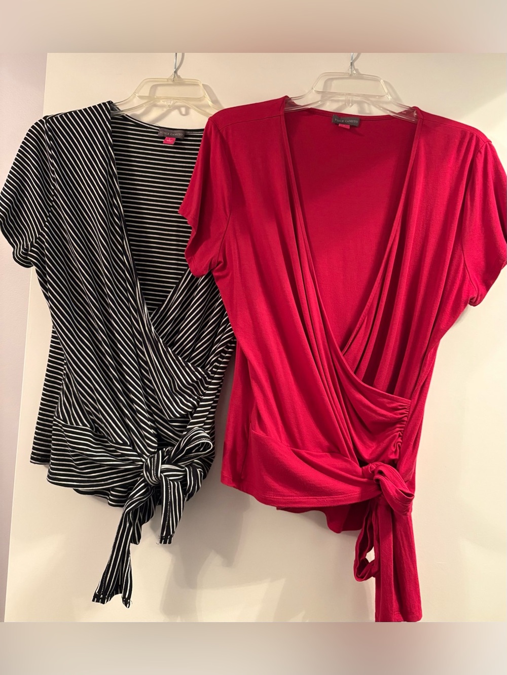 Vince Camuto Women's Wrap Tie-Front Top - Red & Black/White Stripe